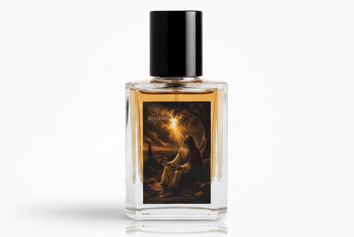 A small rectangular glass perfume bottle with a black cap, featuring a dark label with a classical painting of Jesus in the Garden of Gethsemane 